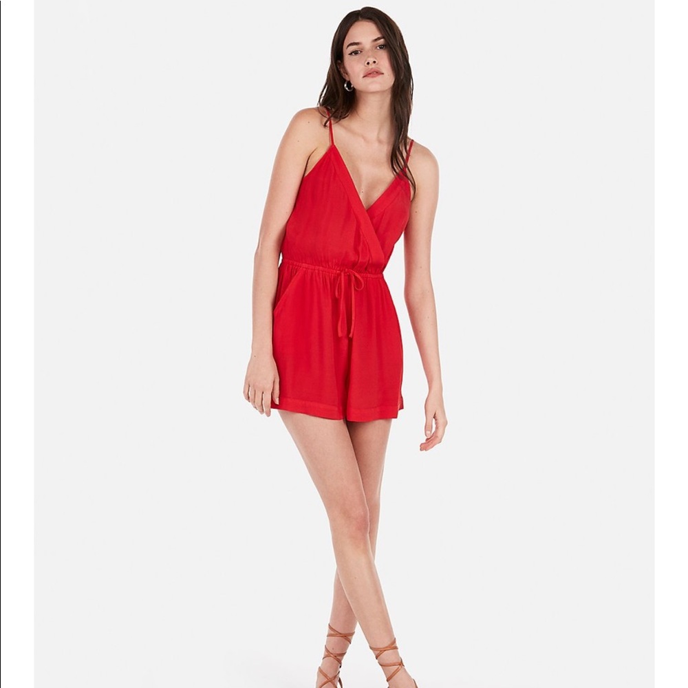 Express Surplice Waist Tie Romper in Red